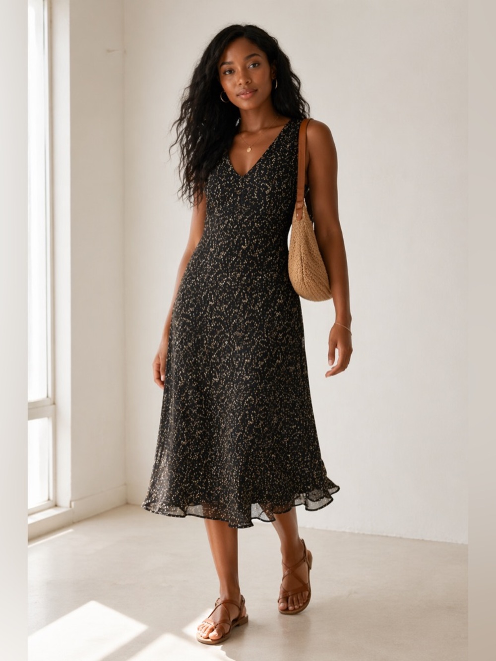 F.L.P. Black Tan Polka Dot Dress Sleeveless V-Neck Size 14 90s minimalist